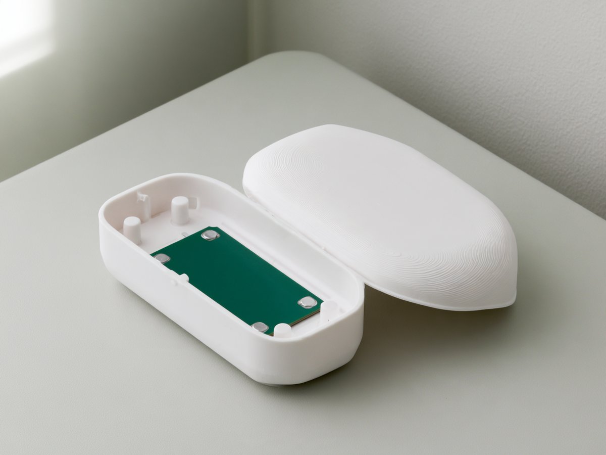 White plastic enclosure prototype opened to check the fit of a circuit board