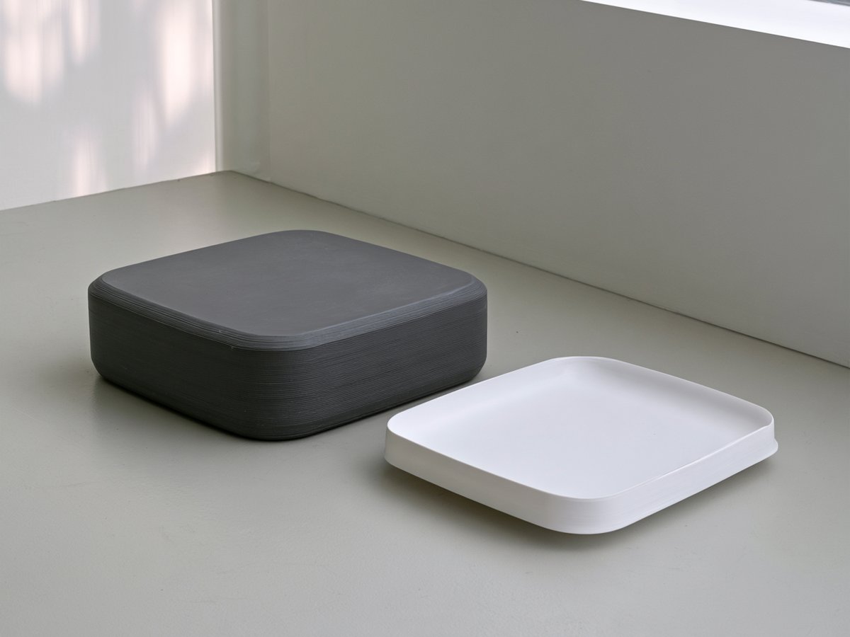 Grey tray-shaped forming block beside the matching white formed tray