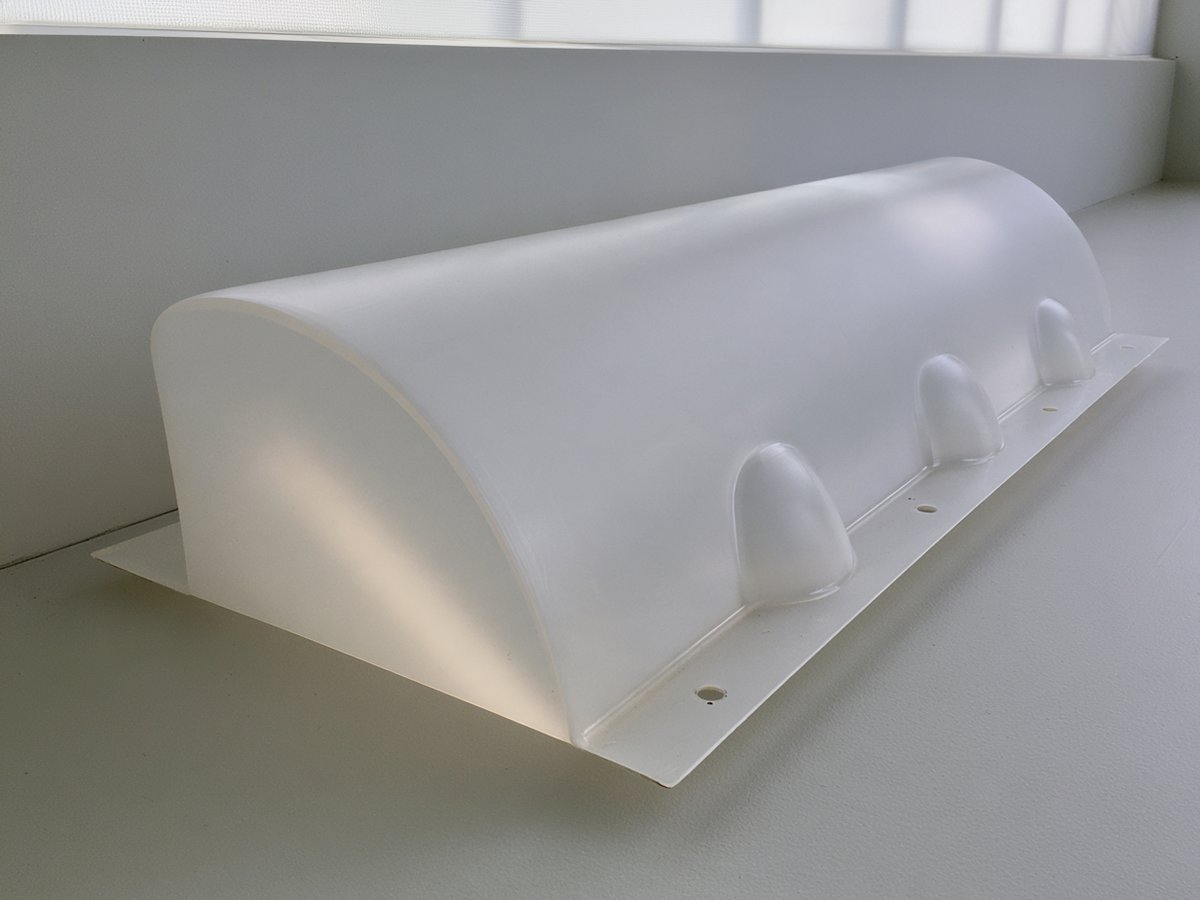 Opal polycarbonate roof ridge ventilator hood with rounded slots — vacuum formed