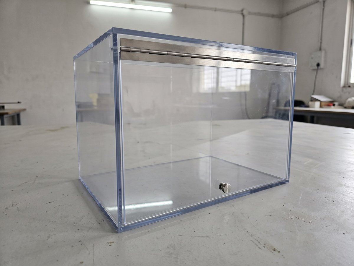 Clear acrylic machine enclosure with a display opening and a tap opening