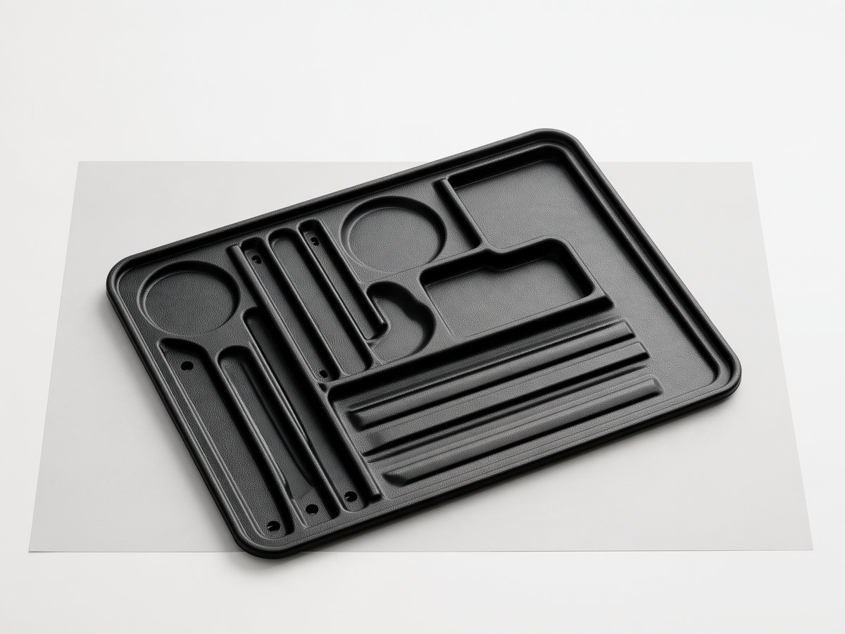 Black formed tray with deep pockets of mixed shapes
